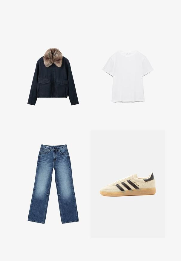 Veste en denim foncé avec un col en fausse fourrure, dotée de deux poches plaquées à l'avant et d'une fermeture éclair. Design texturé et décontracté.; T-shirt blanc uni à manches courtes et col rond, avec un ourlet droit, présenté sur un fond blanc.; Jean denim bleu à jambes larges avec poches avant et poche monnaie, fermeture à boutons, et lavage délavé sur les cuisses et les genoux.; Baskets en daim crème avec des rayures noires, semelle en gomme, languette noire au talon et texte doré "SPEZIAL" sur le côté.
