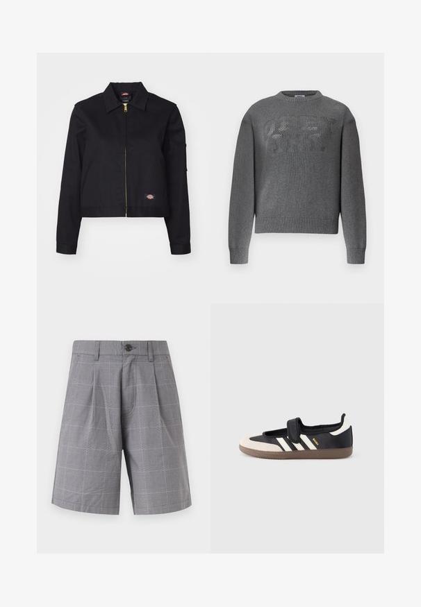 Sort cropped jakke lavet af robust stof, med en frontlynlås, sidelommer og et lille logo-patch på venstre side.; Grå strikket sweater med lange ærmer, ribbede manchetter og kant, med hævet strikket tekst "OBEY INT." på tværs af brystet.; Grå skræddersyede shorts med diskret ternet mønster, forreste læg, bæltestropper, sidelommer og enkelt sort knaplukning.; Sort og beige sko med velcrolukning, tre hvide striber på siden og en tekstureret brun gummisål. Mærkelogo er synligt.