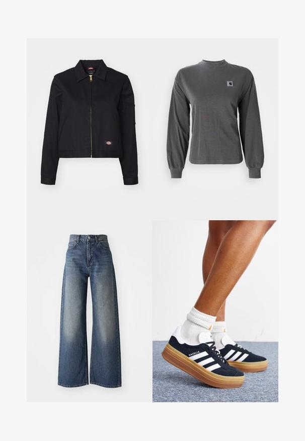 Chaqueta corta negra hecha de un tejido resistente, con cremallera frontal, bolsillos laterales y un pequeño parche con el logotipo en el lado izquierdo.; Camiseta de manga larga gris hecha de algodón, con cuello redondo y puños elásticos, que cuenta con un pequeño logo cuadrado en el pecho.; Jeans de cintura alta, anchos y de pierna amplia en color azul, con botón en la parte frontal y bolsillos, textura desgastada en los muslos y dobladillo recto.; Piernas con calcetines blancos y zapatillas Adidas Gazelle negras con rayas blancas y suelas marrones gruesas sobre un suelo alfombrado gris.