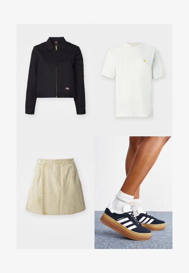 Chaqueta corta negra hecha de un tejido resistente, con cremallera frontal, bolsillos laterales y un pequeño parche con el logotipo en el lado izquierdo.; Camiseta blanca de manga corta y cuello redondo con un pequeño logo amarillo en el lado izquierdo del pecho, exhibida sobre un fondo sencillo.; Minifalda caqui hecha de tela suave, con un cierre de botón lateral, textura lisa y una silueta ligeramente acampanada con un dobladillo por encima de la rodilla.; Piernas con calcetines blancos y zapatillas Adidas Gazelle negras con rayas blancas y suelas marrones gruesas sobre un suelo alfombrado gris.