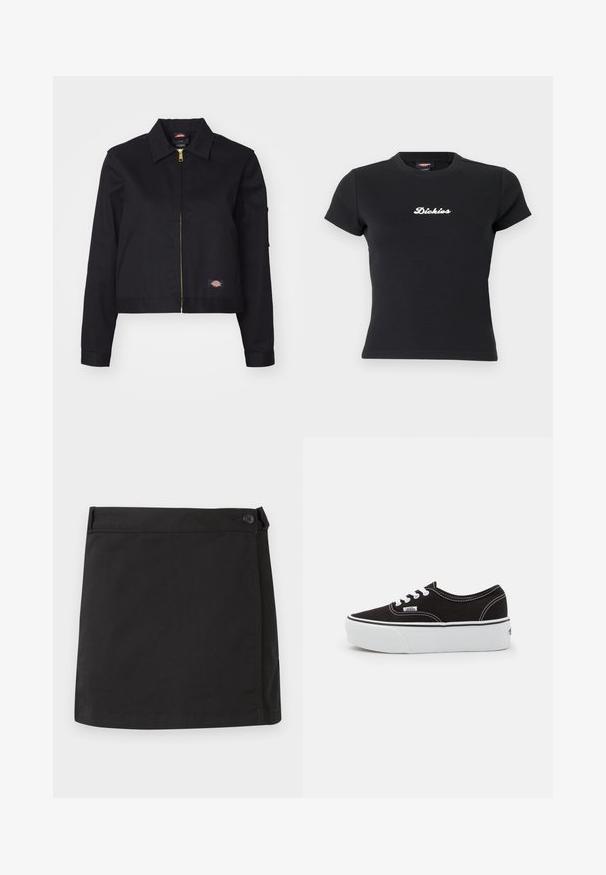 Sort cropped jakke lavet af robust stof, med en frontlynlås, sidelommer og et lille logo-patch på venstre side.; Sort tætsiddende t-shirt med korte ærmer og hvidt "Dickies"-logo centreret på brystet samt rund halsudskæring.; Sort bomulds mininederdel med sidelukning med knapper og lige kant, vist fladt på hvid baggrund.; Sort lærred sneakers med en hvid gummi platform sål, der har hvide snørebånd og syninger, ikonisk branding på siden, lav-top design.