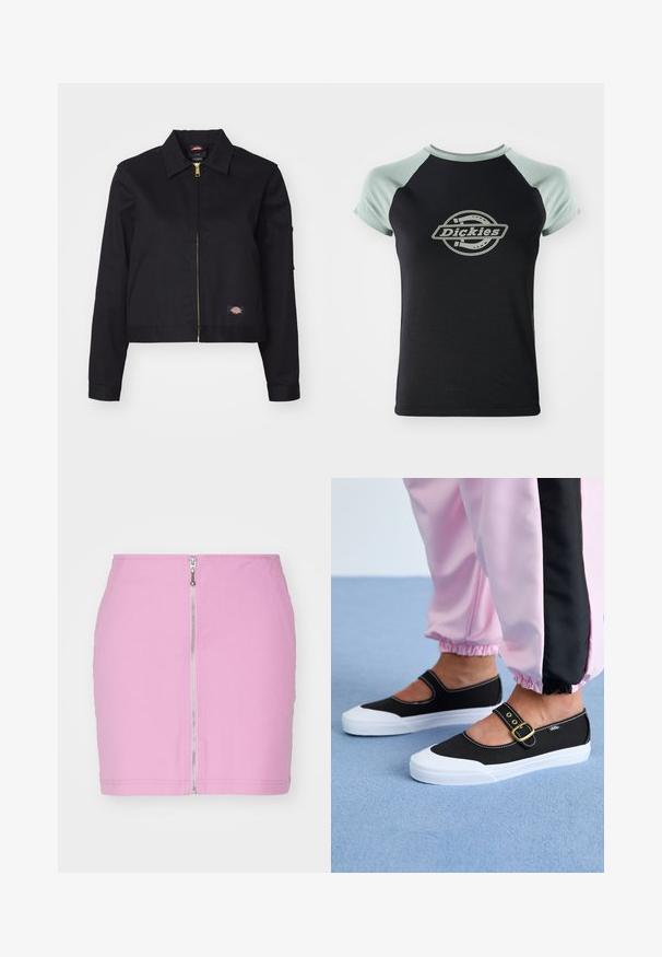 Sort cropped jakke lavet af robust stof, med en frontlynlås, sidelommer og et lille logo-patch på venstre side.; Sort t-shirt med lys grøn raglanærmer. Har et centralt cirkulært logo med teksten "Dickies" i et rebdesign. Blød stoftekstur.; Lyserød denim miniskørt med rækkeslidslukning foran, tætsiddende design og en ren afslutning ved kanten. Simpel, ensfarvet uden mønstre.; Sorte lærredssko med en hvid sål, der har et udskæringsdesign og et guldspænde. Bæret med lyserøde træningsbukser.