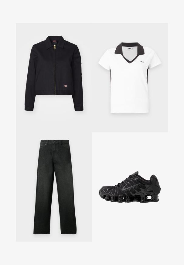 Sort cropped jakke lavet af robust stof, med en frontlynlås, sidelommer og et lille logo-patch på venstre side.; Hvid kortærmet poloshirt med sort krave, sort V-udskæring, sorte sidelommer og lille "obey" logo på venstre bryst.; Sorte denimjeans med lige ben, forlommer og bæltestropper, knap- og lynlåslukning, vist på en ensfarvet baggrund.; Sort atletisk sko med mesh-overdel og glatte overlays. Har buet spiralbøsningsdæmpning og strukturerede linjer på siden. Nike-logoet er synligt.