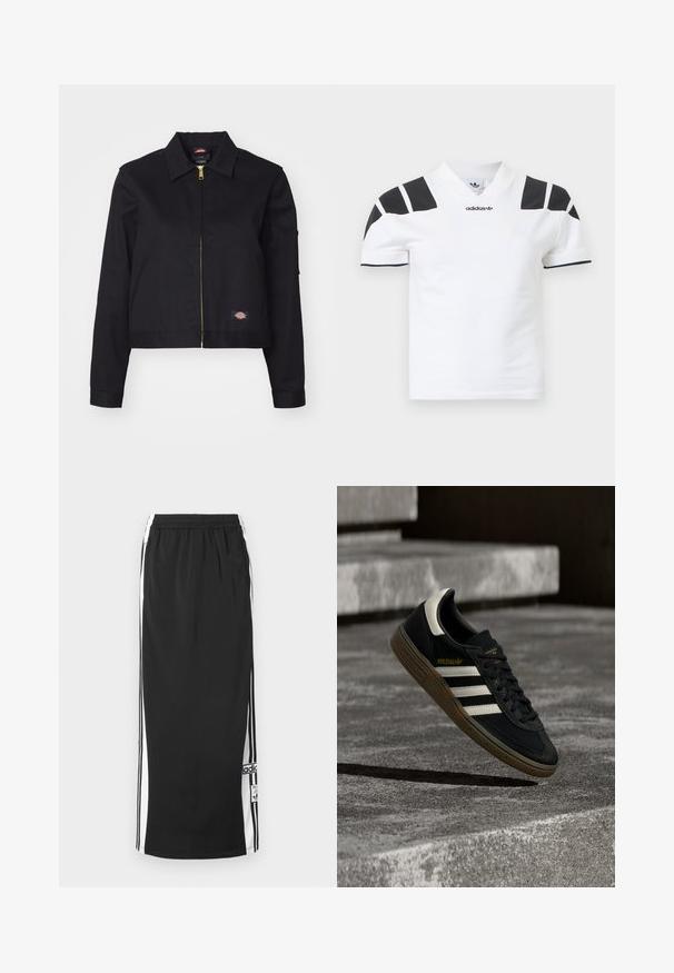 Chaqueta corta negra hecha de un tejido resistente, con cremallera frontal, bolsillos laterales y un pequeño parche con el logotipo en el lado izquierdo.; Camisa blanca de manga corta con detalles negros en los hombros y el cuello. Presenta un diseño de cuello en V y el logo de Adidas al frente. Material de algodón.; Falda deportiva larga negra con paneles laterales blancos y franjas negras, cintura elástica y parche con el logo de Adidas cerca del dobladillo inferior.; Zapatilla negra de Adidas con rayas blancas y suela de goma flotando sobre escalones de concreto gris a la luz natural.