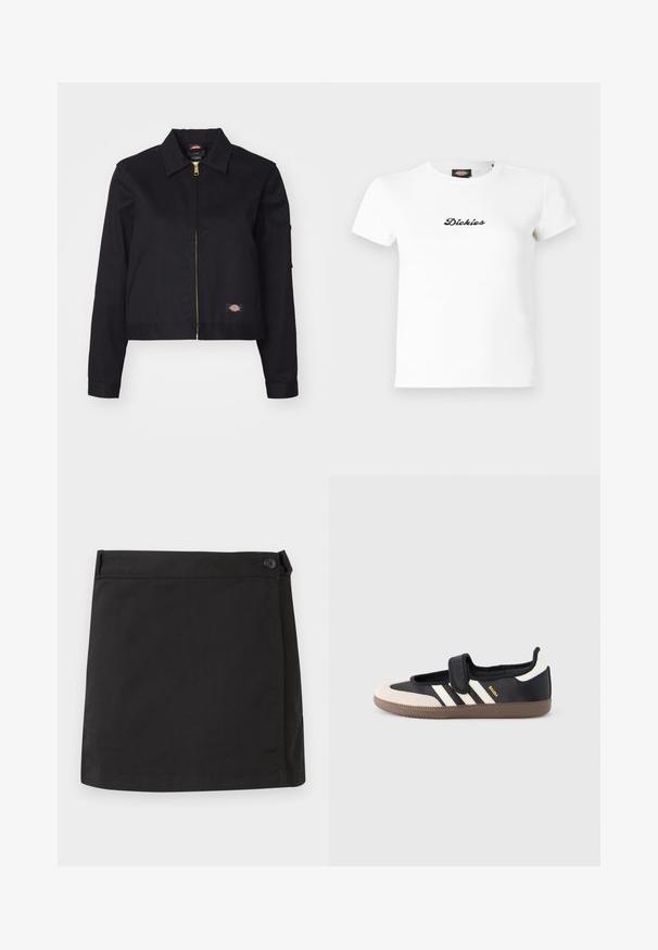 Sort cropped jakke lavet af robust stof, med en frontlynlås, sidelommer og et lille logo-patch på venstre side.; Hvid, kortærmet, ribstrikket t-shirt med sort, kursiv "Dickies"-logo centreret på forsiden og rund halsudskæring.; Sort bomulds mininederdel med sidelukning med knapper og lige kant, vist fladt på hvid baggrund.; Sort og beige sko med velcrolukning, tre hvide striber på siden og en tekstureret brun gummisål. Mærkelogo er synligt.