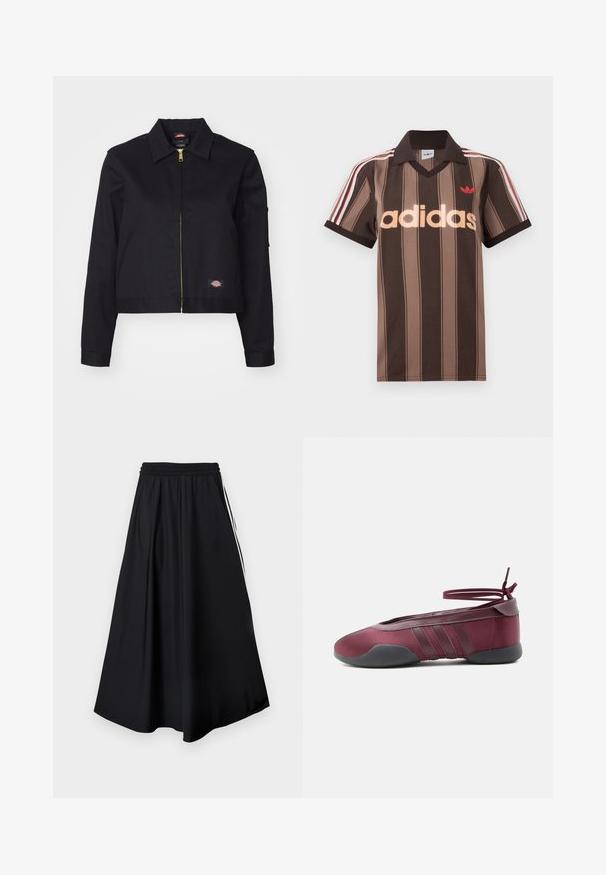 Sort cropped jakke lavet af robust stof, med en frontlynlås, sidelommer og et lille logo-patch på venstre side.; Brunstribet Adidas polo-shirt med V-hals, bordeaux krave og rødt logo. Har hvide og røde skulderstriber samt korte ærmer.; Sorte bukser med vidde i benene, elastisk talje og hvide sidestriber, vist mod en simpel hvid baggrund.; Burgunderfarvet balletsko med sort sål, elastiske ankelstropper bundet i sløjfe og syninger på siderne, vist fra ydersiden.