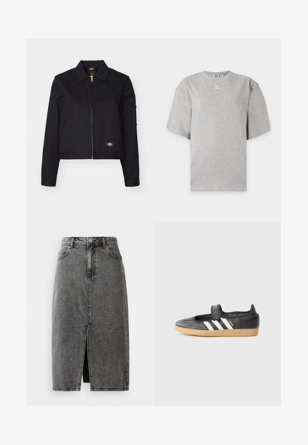 Sort cropped jakke lavet af robust stof, med en frontlynlås, sidelommer og et lille logo-patch på venstre side.; Lysegrå Adidas T-shirt med korte ærmer, rund hals og lille hvid Adidas-logo på brystet, vist på en ensfarvet baggrund.; Højtaljet, falmet sort denim midi-nederdel med en frontslids, bæltesløjfer og klassisk fem-lomme design.; Sort læder- og ruskinds sneakers med en Velcro-rem, der har tre hvide striber og en gummisål, mærket "SAMBA" på siden.