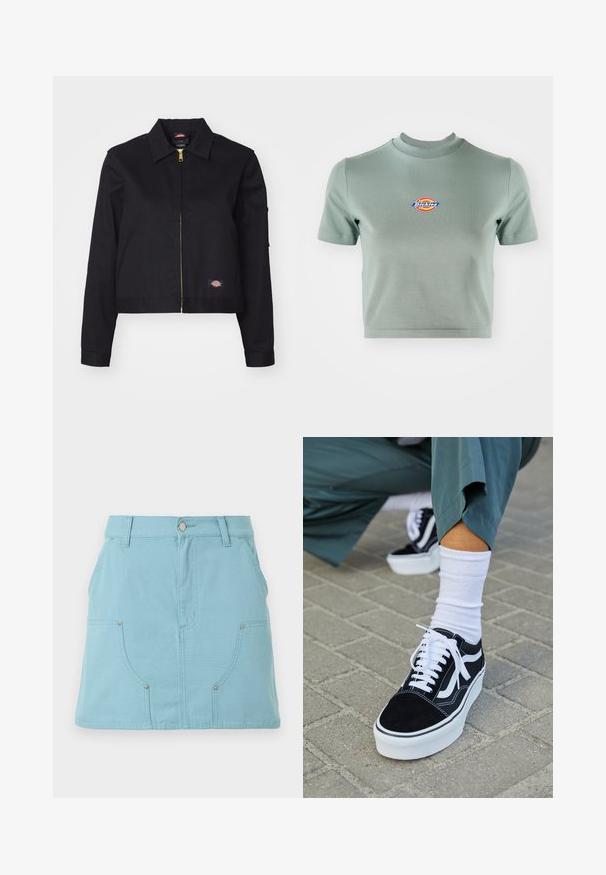 Veste noire cropped en tissu robuste, avec une fermeture éclair à l'avant, des poches latérales et un petit patch logo sur le côté gauche.; Chemise courte à manches courtes en coton vert atténué. Elle présente un col rond et un logo "Dickies" coloré sur la poitrine.; Jupe trapèze bleu clair avec poches avant, passants pour ceinture et fermeture à bouton à la taille, présentée sur un fond blanc.; Baskets en suède noir avec des accents et des lacets blancs, présentant une épaisse semelle blanche et des coutures contrastantes, associées à une chaussette blanche.