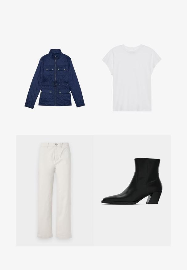 Chaqueta acolchada azul marino con cuello alto, cierre frontal, dos bolsillos en el pecho con solapas, cintura ceñida y patrón de diamantes texturizado.; Camiseta blanca de manga corta con cuello redondo, corte relajado, hecha de suave tela de algodón. Textura lisa, sin estampados ni logotipos.; Pantalones de pierna ancha en color beige claro, fabricados en algodón, con cierre de botón en la parte delantera, bolsillos laterales y una textura limpia y suave.; Bota de tobillo de cuero negro con punta afilada, una silueta elegante y un tacón cuadrado grueso. Textura suave con detalles de costura mínimos.
