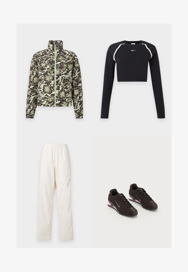 Chaqueta con estampado floral en verde apagado y negro, con cuello alto, cremallera frontal y puños elásticos para un silueta ajustada.; Top deportivo negro de manga larga y corto con franjas curvas blancas en los hombros y pequeño logotipo de Nike en blanco en el centro del pecho.; Pantalones de color crema con cintura elástica y corte de pierna recta, de ajuste suelto, exhibidos sobre un fondo blanco liso.; Zapatillas deportivas negras con parte superior texturizada, detalles en marrón y una suela acolchada de aire en púrpura. Diseño con cordones y marca destacada.