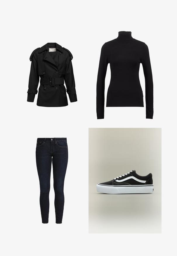 Manteau noir en trench avec boutons double boutonnage, larges revers, épaulettes et taille ceinturée. Confectionné en tissu lisse et structuré.; Pull à col roulé noir en tissu doux, doté de manches longues et d'une silhouette ajustée. Design uni sans motifs ni embellissements visibles.; Jeans skinny en denim bleu foncé, avec un design classique à cinq poches, des passants de ceinture et une fermeture à bouton. Texture lisse, sans motifs visibles.; Baskets basses noires avec bande blanche latérale, lacets blancs, semelle en caoutchouc blanche et bout texturé sur fond neutre.