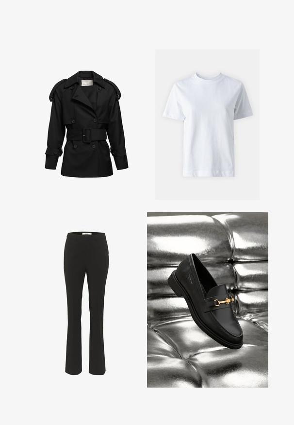 Manteau noir en trench avec boutons double boutonnage, larges revers, épaulettes et taille ceinturée. Confectionné en tissu lisse et structuré.; T-shirt en coton blanc avec un col rond, manches courtes, coupe droite et texture lisse. Sans motifs ni embellissements.; Pantalons noirs ajustés avec une coupe slim, bas évasé, devant plat et sans poches visibles. Fabriqués en tissu lisse avec des coutures minimales.; Mocassin en cuir noir avec un détail en métal doré. La chaussure présente un design épuré et une texture lisse et brillante.