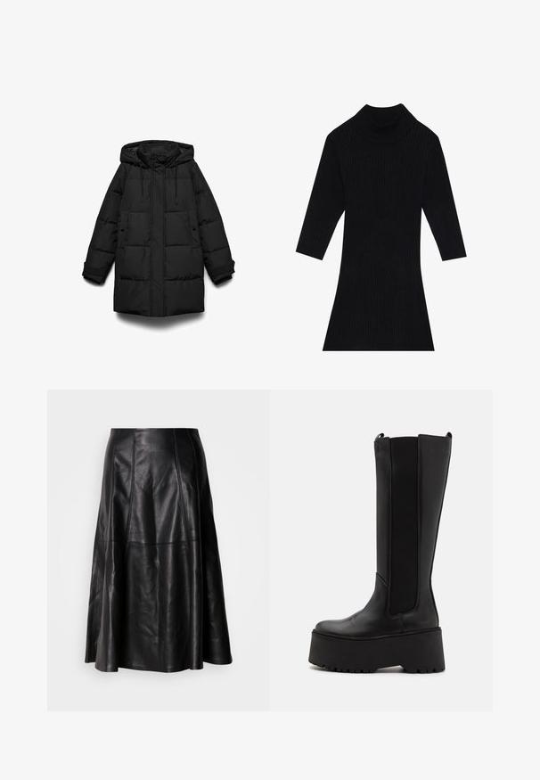 Abrigo acolchado negro con capucha, con secciones acolchadas, cremallera frontal, dos bolsillos laterales y cordones ajustables.; Vestido negro de punto acanalado con cuello alto y mangas tres cuartos, que presenta una silueta ajustada que se ensancha en el dobladillo.; Falda de cuero negro con una silueta acampanada, que presenta costuras visibles y una textura suave. Diseño de longitud media con un corte clásico.; Bota negra hasta la rodilla con un cuerpo de cuero suave, paneles laterales elásticos y una suela de plataforma gruesa con un fondo texturizado.