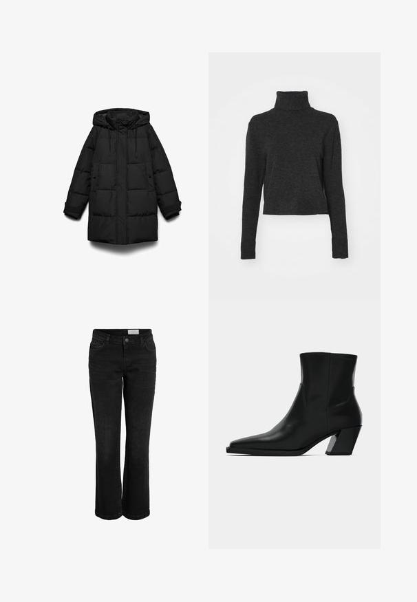 Abrigo acolchado negro con capucha, con secciones acolchadas, cremallera frontal, dos bolsillos laterales y cordones ajustables.; Suéter negro de cuello alto recortado en una suave tela texturada, con mangas largas y detalles acanalados en el cuello y el dobladillo.; Pantalones vaqueros de mezclilla negra con forma acampanada, diseño de cinco bolsillos y cierre de botón. Presentan detalles de costura sutiles y una cinturilla clásica.; Bota de tobillo de cuero negro con punta afilada, una silueta elegante y un tacón cuadrado grueso. Textura suave con detalles de costura mínimos.