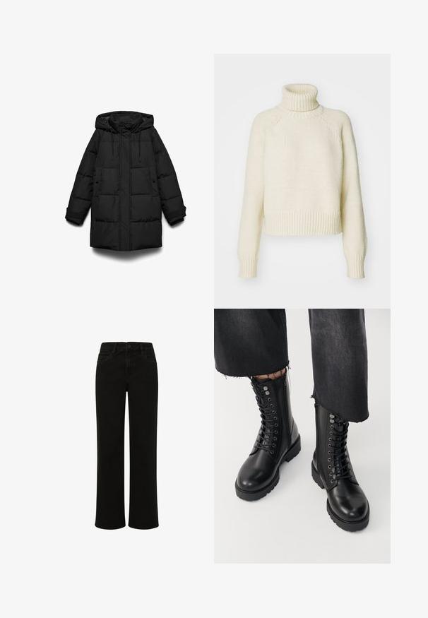 Abrigo acolchado negro con capucha, con secciones acolchadas, cremallera frontal, dos bolsillos laterales y cordones ajustables.; Jersey de cuello alto color crema con una textura de punto grueso, diseño corto y puños y dobladillo acanalados. Presenta mangas raglán.; Jeans de mezclilla negra de pierna recta con cintura alta, que cuentan con bolsillos frontales, cierre de botón y líneas limpias sin adornos.; Botas de tobillo negras con acabado en cuero liso, cordones en la parte frontal y cremallera lateral. La suela gruesa y los ojales detallados añaden textura.