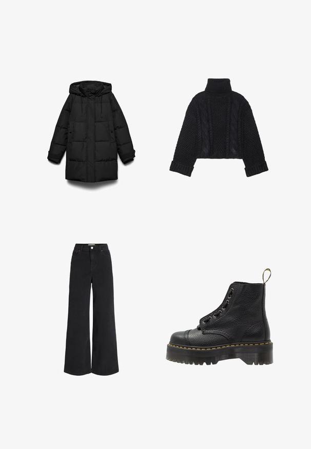 Abrigo acolchado negro con capucha, con secciones acolchadas, cremallera frontal, dos bolsillos laterales y cordones ajustables.; Suéter negro de punto con un cuello alto, corte holgado, patrón de trenzas y puños acanalados. Presenta un largo corto y un acabado texturizado.; Vaqueros de mezclilla negro de pierna ancha con diseño de cinco bolsillos, cintura alta y cierre de botón. Presenta costuras sutiles y un acabado limpio.; Botín negro de cuero con superficie texturizada, punta redonda, diseño de cordones, costuras amarillas y una gruesa suela de plataforma negra estriada.