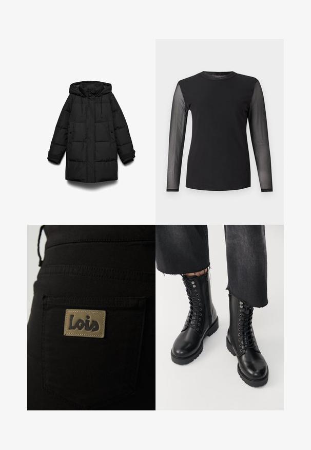 Abrigo acolchado negro con capucha, con secciones acolchadas, cremallera frontal, dos bolsillos laterales y cordones ajustables.; Top negro de manga larga con cuerpo sólido y mangas transparentes de malla, con escote redondo y ajuste regular sobre un fondo liso.; Pantalones de tela negra con un bolsillo trasero que lleva una etiqueta marrón con el nombre "Lois" grabado en letras oscuras. Detalles de costura visibles.; Botas de tobillo negras con acabado en cuero liso, cordones en la parte frontal y cremallera lateral. La suela gruesa y los ojales detallados añaden textura.
