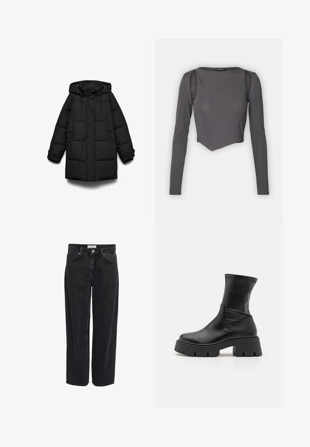 Manteau matelassé noir avec capuche, présentant des sections matelassées, une fermeture éclair frontale, deux poches latérales et des cordons ajustables.; Haut cropped gris à manches longues avec texture côtelée, présentant un col rond et des détails de découpe aux épaules pour un effet de conception en couches.; Jean en denim noir taille haute, coupe large, avec cinq poches et fermeture éclair. Texture lisse avec détails de couture minimaux visibles.; RAID NOELIA - Bottines à plateau - black