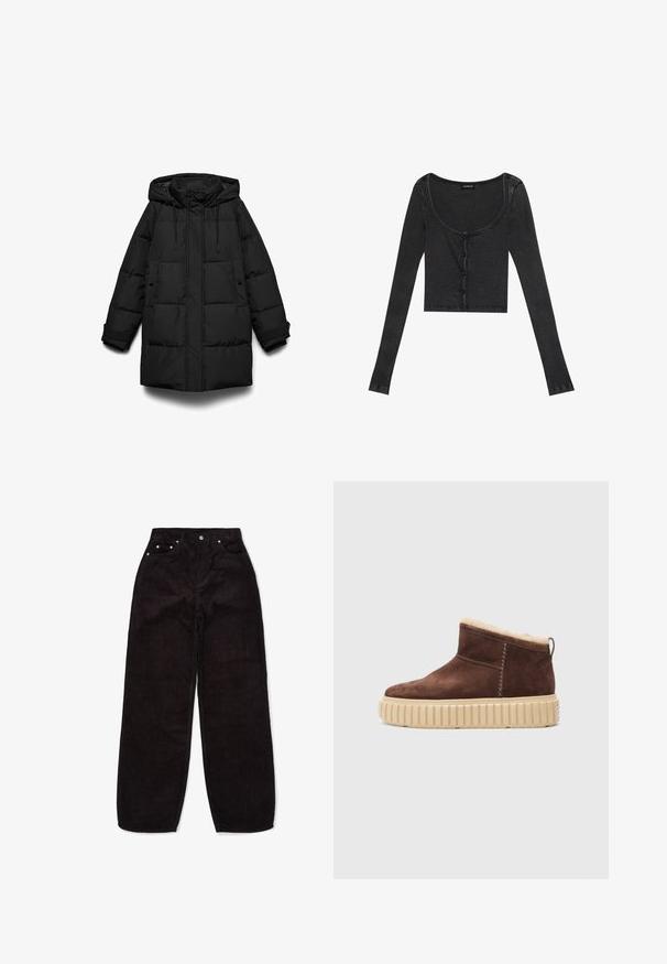 Manteau matelassé noir avec capuche, présentant des sections matelassées, une fermeture éclair frontale, deux poches latérales et des cordons ajustables.; Haut cropped noir à manches longues, avec un décolleté en scoop, fermeture à boutons à l'avant et tissu texturé. Présente des rayures verticales subtiles.; Pantalons larges en velours côtelé noir avec cinq poches, fermeture à bouton à l'avant et texture côtelée.; Kennel + Schmenger ZAP - Bottes de neige - pepe/camel nuts
