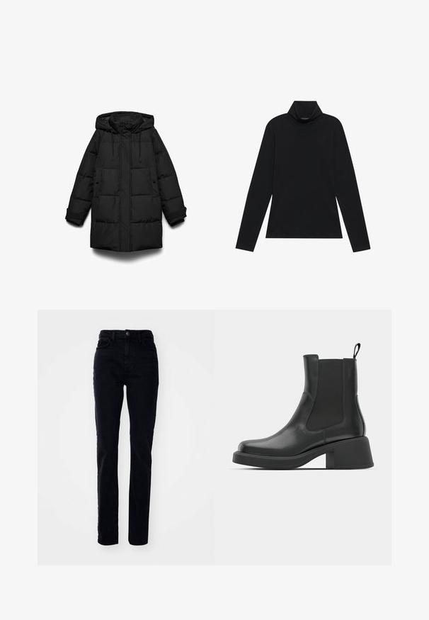 Abrigo acolchado negro con capucha, con secciones acolchadas, cremallera frontal, dos bolsillos laterales y cordones ajustables.; Sudadera negra de manga larga con cuello alto. Tejido suave, diseño ajustado, cuello alto y costuras laterales. Estilo sencillo y versátil, adecuado para combinar en capas.; Jeans de mezclilla negra con un corte recto, cintura alta, cinco bolsillos y cierre de botón. Textura suave con un ligero brillo.; Botas de cuero negro hasta el tobillo con paneles laterales elásticos, punta redondeada y un tacón grueso. Textura suave con un diseño minimalista.