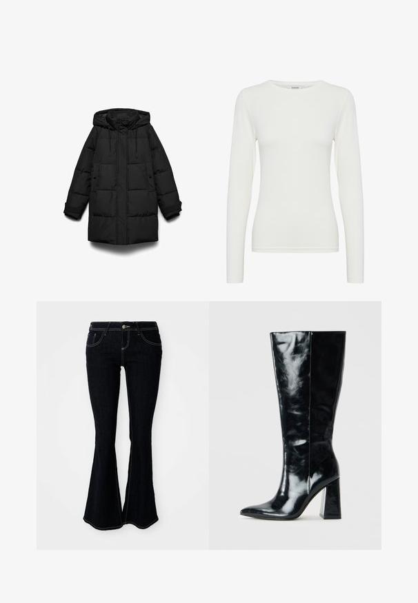 Manteau matelassé noir avec capuche, présentant des sections matelassées, une fermeture éclair frontale, deux poches latérales et des cordons ajustables.; T-shirt blanc à manches longues, ajusté, à col ras du cou, en tissu lisse sans motifs ni ornements visibles.; Jeans évasés en denim foncé avec une taille haute, des poches avant et arrière, et des coutures contrastantes jaunes.; Bottes noires montantes en cuir brillant, avec une pointe effilée et un talon géométrique épais au toucher lisse.