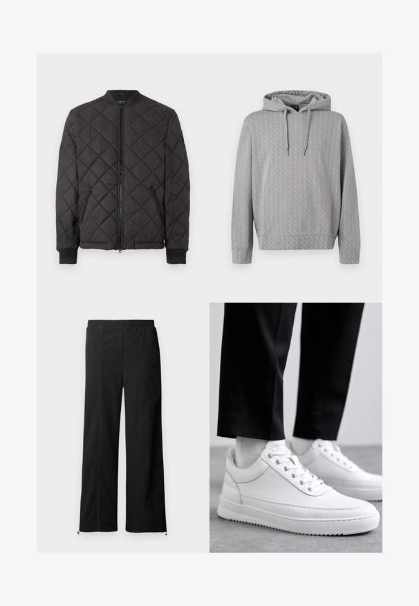 Chaqueta bomber acolchada negra con cierre de cremallera, cuello y puños acanalados, y bolsillos laterales con cremallera, presentada sobre un fondo blanco.; Sudadera con capucha de color gris claro con un sutil patrón general de logos "A|X" y capucha con cordón, mostrada sobre un fondo liso.; Pantalones anchos negros de tela suave, con cintura elástica y cierres ajustables en los tobillos. Presenta detalles de costura en contraste.; Zapatillas de cuero blanco con una suela de goma plana, que presentan un acabado suave, punta redonda y ojetes de metal para los cordones. Llevadas con pantalones negros.