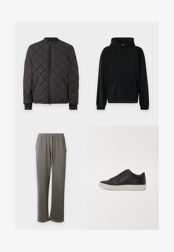 Chaqueta bomber acolchada negra con cierre de cremallera, cuello y puños acanalados, y bolsillos laterales con cremallera, presentada sobre un fondo blanco.; Sudadera con capucha negra en material de felpa suave, con un bolsillo frontal, mangas largas y puños acanalados. Diseño minimalista, sin patrones visibles.; Pantalones de chándal grises de algodón con cintura elástica y cordón, que cuentan con bolsillos laterales y un ajuste relajado a lo largo de las piernas.; Zapatillas de cuero negro con punta redondeada, suela plana de goma blanca y diseño de cordones con seis ojales. Textura suave, estilo minimalista.