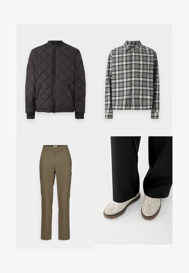 Chaqueta bomber acolchada negra con cierre de cremallera, cuello y puños acanalados, y bolsillos laterales con cremallera, presentada sobre un fondo blanco.; Camisa de cuadros en blanco y negro con botones, cuello, mangas largas y un ajuste relajado. Hecha de una tela suave y texturizada.; Pantalones cargo verde oliva con piernas rectas, que cuentan con dos bolsillos laterales, un cierre de botón y una tela texturizada.; Pies con zapatillas beige con suelas marrones y pantalones negros de pierna ancha sobre un fondo blanco.