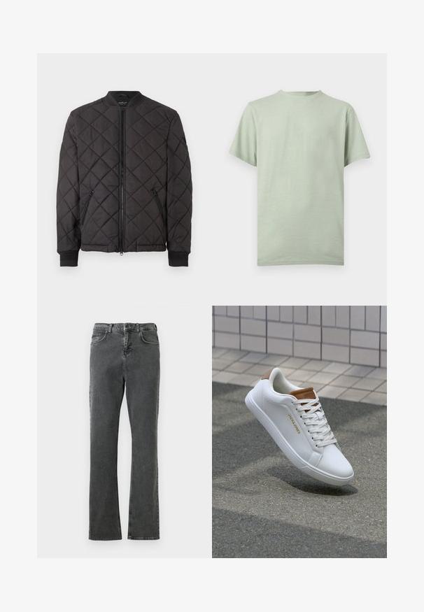 Chaqueta bomber acolchada negra con cierre de cremallera, cuello y puños acanalados, y bolsillos laterales con cremallera, presentada sobre un fondo blanco.; Camiseta de manga corta y cuello redondo de color verde claro, extendida sobre un fondo blanco, mostrando el frente y los detalles de costura.; Jeans de denim gris con un diseño de pierna recta, que cuentan con cinco bolsillos, un cierre de botón y cremallera, y detalles de costura visibles.; Zapatillas deportivas de cuero blanco con una textura suave, acento marrón en el talón, logo dorado en el lateral y suela de goma con agarre texturizado.