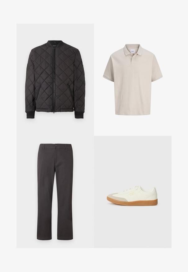Chaqueta bomber acolchada negra con cierre de cremallera, cuello y puños acanalados, y bolsillos laterales con cremallera, presentada sobre un fondo blanco.; Polo beige de manga corta con finas rayas verticales, cuello clásico y tapeta con dos botones.; Pantalones gris oscuro de corte recto con cierre de botones, presillas para cinturón y costuras frontales sutiles sobre un fondo blanco.; Zapatilla de cuero blanca con puntera beige y suela de goma marrón claro. Presenta cordones planos blancos y una marca en relieve en el lateral.
