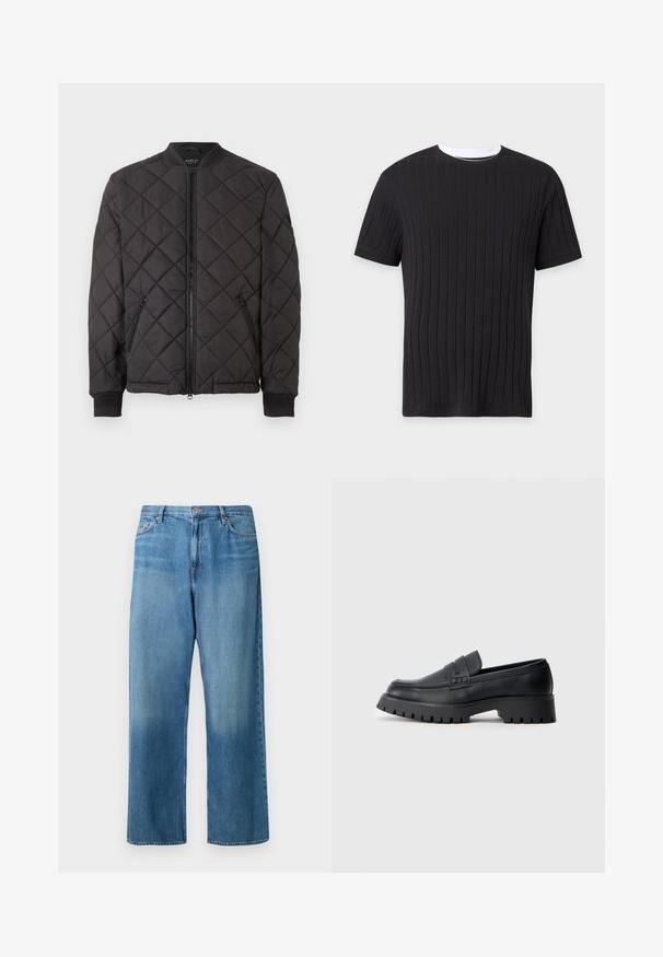 Veste bomber matelassée noire avec fermeture éclair, col et poignets côtelés, et poches latérales zippées, présentée sur un fond blanc.; T-shirt noir à manches courtes en maille côtelée avec une bordure blanche au col rond, présenté sur un fond uni.; Jean large en denim bleu clair. Présente une taille mi-haute, un design à cinq poches et un effet délavé avec des coutures visibles.; Mocassins en cuir noir avec un bout arrondi, présentant une sangle décorative et une semelle en caoutchouc épaisse avec de profonds crampons pour une meilleure adhérence.