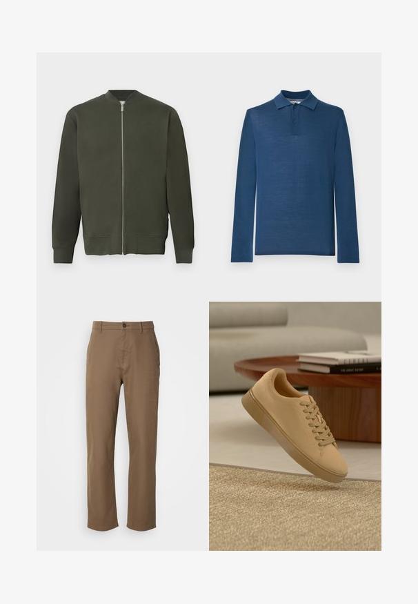 Chaqueta bomber verde con cremallera frontal completa, puños y dobladillo acanalados. Presenta una textura suave y un diseño minimalista.; Polo de manga larga azul marino confeccionado en tela suave, con cuello clásico, tapeta de dos botones y textura lisa.; Pantalones de algodón marrones con corte recto, cierre de botón y bolsillos laterales. Presentan una textura suave y un diseño simple, sin adornos.; Zapatilla beige con cordones flotando sobre una alfombra texturizada con una mesa de café de madera y libros apilados en un fondo desenfocado.