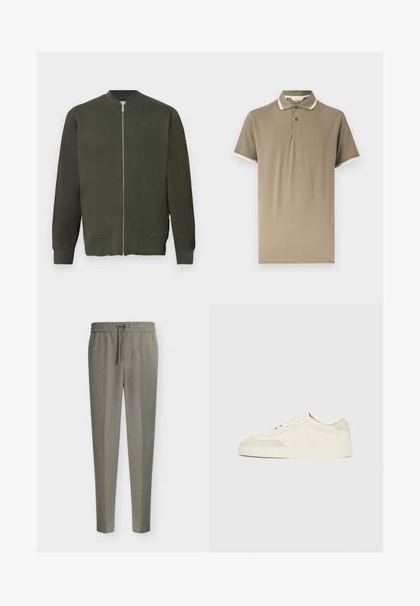 Chaqueta bomber verde con cremallera frontal completa, puños y dobladillo acanalados. Presenta una textura suave y un diseño minimalista.; Polo beige de manga corta con dos botones, cuello y bordes de las mangas a rayas blancas, exhibido sobre un fondo neutro.; Pantalones de hombre gris claro, de corte entallado, con piernas afiladas y una cintura elástica con cordón delantero.; Zapatillas de ante blanco con acabado liso, puntera redonda, diseño plano con cordones y detalles texturizados contrastantes. Presentan un detalle de logo sutil.