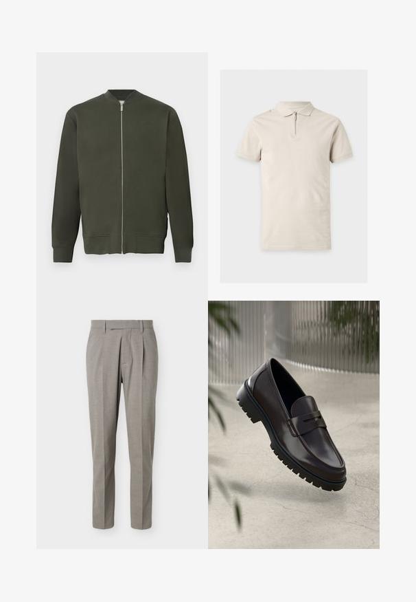 Grüne Bomberjacke mit durchgehendem Reißverschluss, gerippten Bündchen und Saum. Sie zeichnet sich durch eine glatte Textur und ein minimalistisches Design aus.; Beige kurzärmliges Poloshirt mit Kragen und Frontreißverschluss, dargestellt auf schlichtem hellem Hintergrund.; Hellgraue, maßgeschneiderte Hose mit geraden Beinen, Gürtelschlaufen, vorderen Falten und einem sauberen Bund vor weißem Hintergrund.; Braune Leder-Loafers mit einer strukturierten, geriffelten Gummisohle. Sie zeichnen sich durch ein schlankes Design und einen dekorativen Riemen über dem Spann aus.