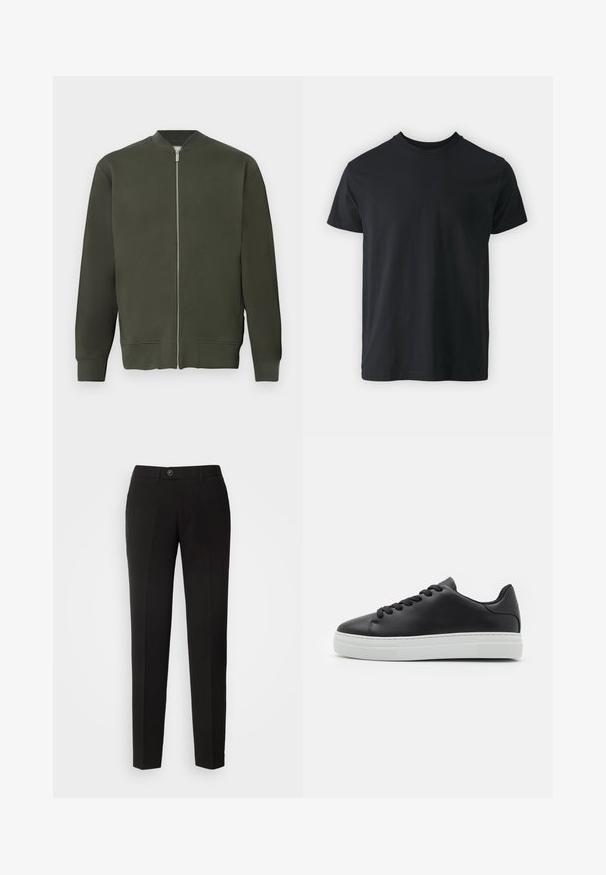 Grüne Bomberjacke mit durchgehendem Reißverschluss, gerippten Bündchen und Saum. Sie zeichnet sich durch eine glatte Textur und ein minimalistisches Design aus.; Schwarzes Baumwoll-T-Shirt mit kurzen Ärmeln, Rundhalsausschnitt und lässiger Passform. Glatte Textur und gerader Saum, keine sichtbaren Grafiken oder Muster.; Schwarze gerade geschnittene Hose aus glattem Stoff mit einem Knopfverschluss und seitlichen Taschen im klassischen Design.; Schwarze Leder-Sneaker mit runder Zehe, weißer Gummisohle und schwarzen Schnürsenkeln. Verfügt über eine glatte Oberfläche und ein minimalistisches Design.