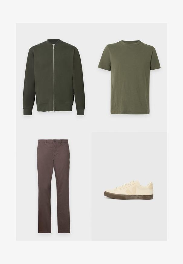 Grüne Bomberjacke mit durchgehendem Reißverschluss, gerippten Bündchen und Saum. Sie zeichnet sich durch eine glatte Textur und ein minimalistisches Design aus.; Olivgrünes Kurzarm-T-Shirt aus weicher Baumwolle, mit Rundhalsausschnitt und schlichter Gestaltung. Keine Muster oder Akzente sichtbar.; Braune Baumwollhose mit geradem Bein, Knopfverschluss und frontalen Taschen. Glatte Textur und saubere Linien.; Beige Leinensneaker mit runder Zehenpartie, flachen Schnürsenkeln und strukturiertem braunem Gummi-Sohle. Mit einem Logo an der Seite und einem minimalistischen Design.