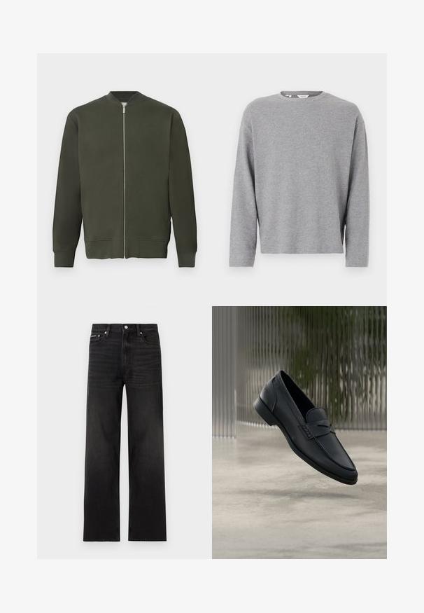 Grüne Bomberjacke mit durchgehendem Reißverschluss, gerippten Bündchen und Saum. Sie zeichnet sich durch eine glatte Textur und ein minimalistisches Design aus.; Hellgraues Sweatshirt mit Rundhalsausschnitt und langen Ärmeln, aus einfachem, unifarbenem Strickmaterial, vor weißem Hintergrund präsentiert.; Schwarze Jeans mit geraden Beinen, fünf Taschen, Gürtelschlaufen und Knopfverschluss, auf weißem Hintergrund dargestellt.; Schwarzer Lederloafer mit glatter Oberfläche, spitzer Zehenpartie und gestickten Details über dem Spann. Niedriger Absatz und minimalistisches Design.