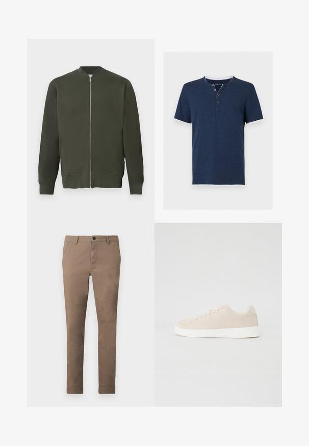 Grøn bomberjakke med fuld frontal lynlås, ribbede ærmer og kant. Har en glat tekstur og et minimalistisk design.; Marineblå kortærmet henley-trøje med treknaps-lukning og hvid kant på ærmer og nederste kant.; Brune, slim-fit herrebukser med forreste knap- og lynlåslukning, bæltestropper og sidelommer, vist fladt på en hvid baggrund.; Beige ruskindsneakers med hvide gummisåler, rund tå og seks snøringshuller. Glat tekstur med minimalisk design.