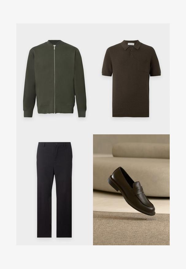 Grüne Bomberjacke mit durchgehendem Reißverschluss, gerippten Bündchen und Saum. Sie zeichnet sich durch eine glatte Textur und ein minimalistisches Design aus.; Dunkelbraunes Poloshirt mit kurzen Ärmeln, strukturiertem Muster, Drei-Knopf-Leiste, Strickkragen und Brusttasche auf einfarbigem Hintergrund.; Schwarze, gerade geschnittene Hose mit Gürtelschlaufen und einem vorderen Knopfverschluss vor weißem Hintergrund.; Ein einzelner dunkelbrauner Lederloafer schwebt über einem beigen, strukturierten Teppich, mit einem unscharfen beigen Sofa im Hintergrund.