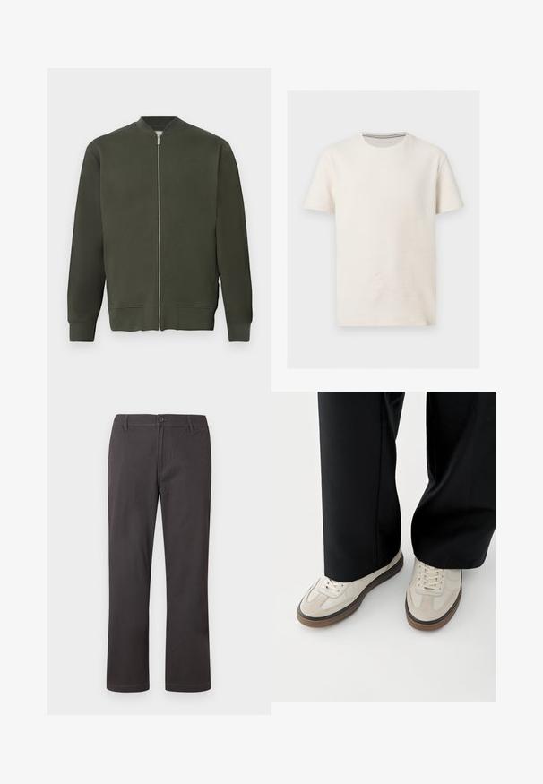 Grøn bomberjakke med fuld frontal lynlås, ribbede ærmer og kant. Har en glat tekstur og et minimalistisk design.; Kortærmet off-white tekstureret bomulds t-shirt med rund halsudskæring og diskret logo på venstre bryst, vist på grå baggrund.; Mørkegrå bukser med lige ben, knappelukning, bæltestropper og diskret frontsyning på hvid baggrund.; Fødder iført beige sneakers med brune såler og sorte bukser med vide ben på hvid baggrund.
