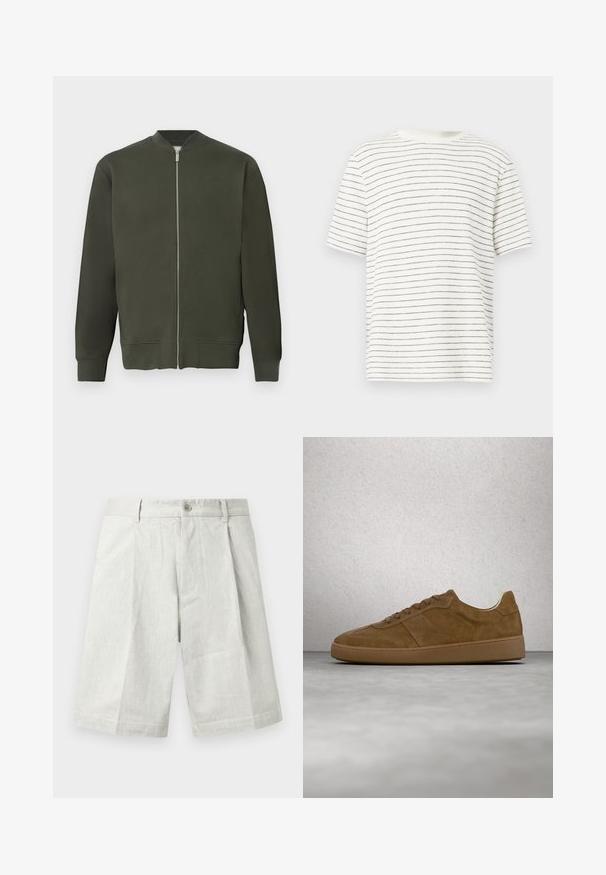 Chaqueta bomber verde con cremallera frontal completa, puños y dobladillo acanalados. Presenta una textura suave y un diseño minimalista.; Camiseta blanca de manga corta con rayas negras estrechas, cuello redondo, ajuste relajado, textura suave y dobladillo ligeramente curvado en los laterales.; Shorts gris claro hechos de tela texturizada, con cierre de botón, pliegues y corte recto, adecuados para uso casual.; Zapatilla deportiva de ante marrón con cordones color beige y suela de goma. Presenta una puntera redondeada y detalles cosidos en la parte superior. Diseño ligero.