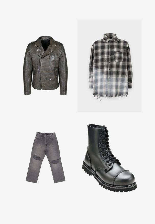 Veste de motard en cuir marron foncé vieilli avec fermeture éclair asymétrique sur le devant, poche poitrine zippée, poche à rabat avec bouton-pression, détails matelassés aux épaules et épaulettes.; Chemise à carreaux noire et blanche, avec un col classique, une fermeture boutonnée, une poche plaquée et un ourlet effiloché. Le tissu présente une apparence douce et texturée.; Jean denim gris taille haute avec jambes larges et grandes zones abîmées sur les deux genoux, avec poches avant et passants pour ceinture.; Botte de combat en cuir noir avec une tige haute, bout rond, laçage sur le devant et semelle en caoutchouc robuste avec un profil de crantage profond pour une meilleure adhérence.