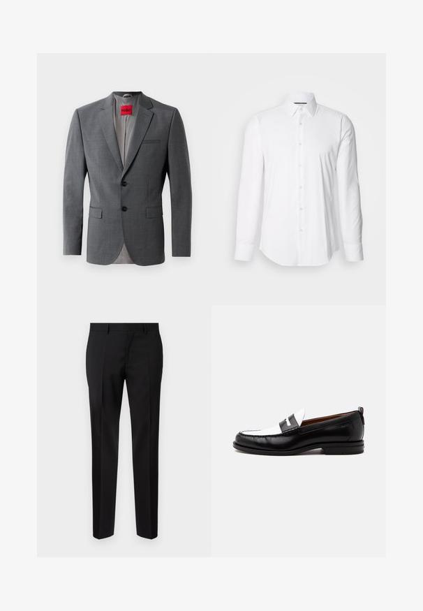 Grijze op maat gemaakte blazer met gekleurde revers, twee knopen en twee voorkruiszakken. Binnenkant gevoerd met lichtgrijze stof. Rode merklabel zichtbaar.; Witte lange mouwen shirt van gladde stof, met een klassieke kraag en een knoopsluiting aan de voorkant met een gebogen zoom. Knopen hebben een subtiele glans.; Zwarte op maat gemaakte broeken van een gladde stof, met een rechte pijp, verfijnde plooidetails en een klassieke tailleband met riemlussen.; Zwart-witte leren loafer met gestikte details, lage hak en slip-on ontwerp, zijaanzicht op een egale achtergrond.