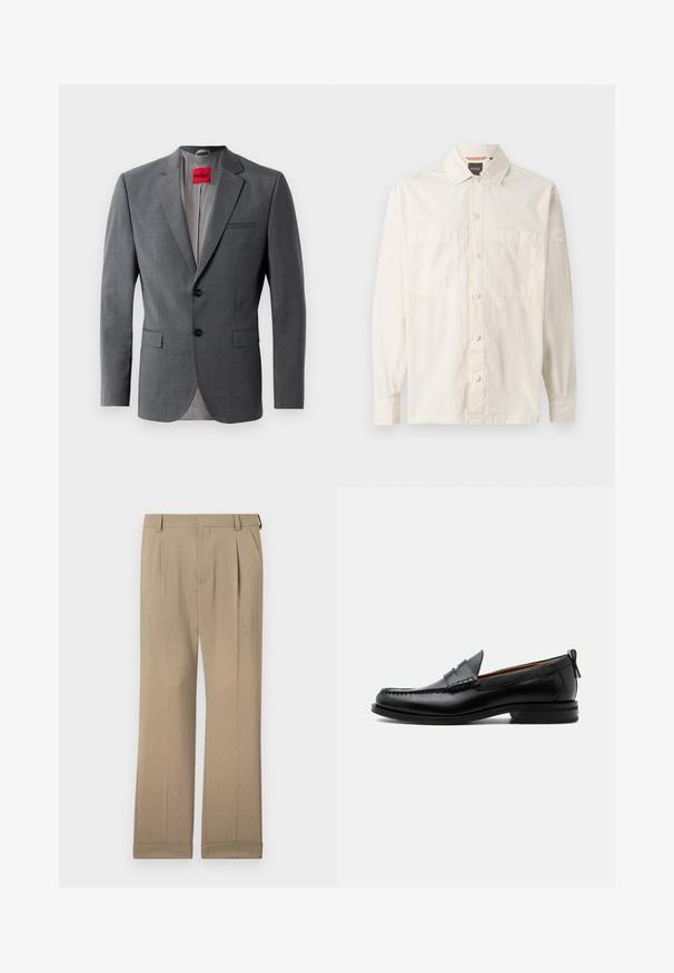 Blazer gris a medida con solapas de muesca, dos botones y dos bolsillos frontales. Forro interior de tela gris claro. Etiqueta de la marca roja visible.; Camisa de mangas largas color beige hecha de tela liviana, con un frente abotonado, dos bolsillos en el pecho y una etiqueta de marca en la manga.; Pantalones beiges de tela liviana, con un diseño de pierna recta, doble pinzas y dobladillos enrollados para un ajuste relajado.; Mocasín de hombre de piel negra con costura moc toe, tira penny, cuello texturizado y tacón bajo apilado sobre fondo blanco.