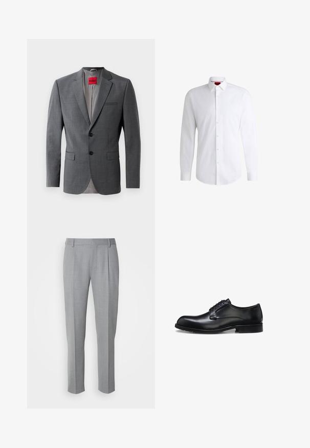Blazer gris a medida con solapas de muesca, dos botones y dos bolsillos frontales. Forro interior de tela gris claro. Etiqueta de la marca roja visible.; Camisa blanca de botones, confeccionada en tela suave, con collar clásico, mangas largas y dobladillo curvado. Presenta botones beige en la parte delantera.; Pantalones grises a medida con una textura suave, que cuentan con un frente plano, piernas rectas y pliegues sutiles para un detalle adicional.; Zapato de vestir para hombre de cuero negro pulido con cordones cerrados, tacón bajo y detalle sutil de marca cerca del talón sobre un fondo blanco.