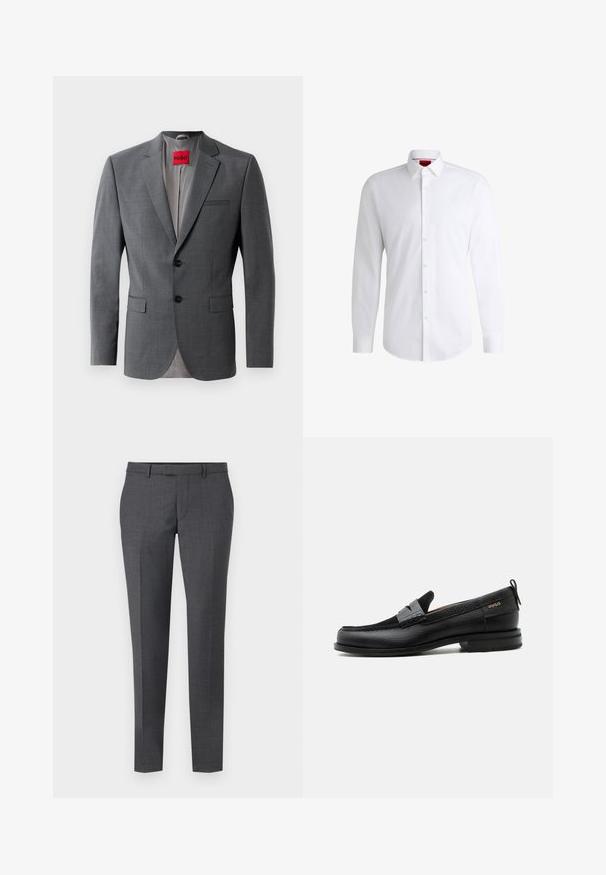 Blazer gris a medida con solapas de muesca, dos botones y dos bolsillos frontales. Forro interior de tela gris claro. Etiqueta de la marca roja visible.; Camisa blanca de botones, confeccionada en tela suave, con collar clásico, mangas largas y dobladillo curvado. Presenta botones beige en la parte delantera.; Pantalones gris ajustados con una textura suave, corte recto, frente plano y passantes para cinturón. Cuenta con un sutil patrón de cuadros y una línea de planchado en el frente.; Mocasín de cuero negro con detalle de tira gris, tacón bajo y suela texturizada, con la marca "HUGO" en oro en el lateral.
