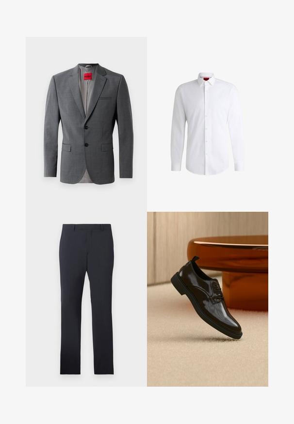Blazer gris a medida con solapas de muesca, dos botones y dos bolsillos frontales. Forro interior de tela gris claro. Etiqueta de la marca roja visible.; Camisa blanca de botones, confeccionada en tela suave, con collar clásico, mangas largas y dobladillo curvado. Presenta botones beige en la parte delantera.; Pantalones formales de la marina confeccionados en tejido suave. Cuentan con un frente plano, trabillas para cinturón y bolsillos laterales, con un corte recto a medida.; Zapato de vestir negro brillante de cuero con cordones flotando sobre una alfombra beige con una mesa redonda marrón brillante al fondo.