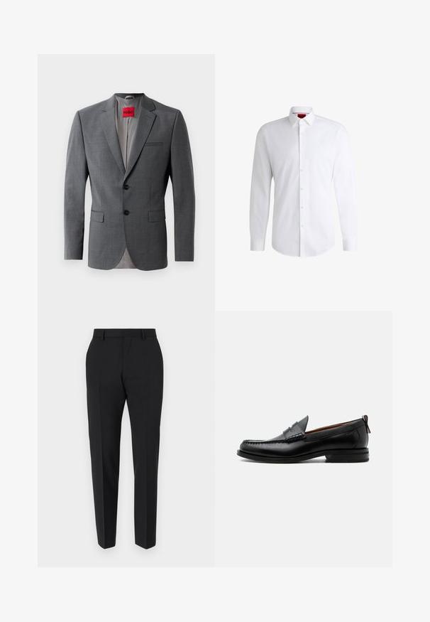 Grijze op maat gemaakte blazer met gekleurde revers, twee knopen en twee voorkruiszakken. Binnenkant gevoerd met lichtgrijze stof. Rode merklabel zichtbaar.; Witte overhemden van soepel materiaal met een klassieke kraag, lange mouwen en een afgeronde zoom. Voorzien van beige knopen aan de voorkant.; Zwarte broek met een maatwerkontwerp, met een vlakke voorkant, plooidetails en een slanke pasvorm. Gemaakt van een gladde stof voor een verfijnde uitstraling.; Zwarte leren herensloffen met moc toe stiksel, pennyriem, gestructureerde kraag en lage gestapelde hak op witte achtergrond.