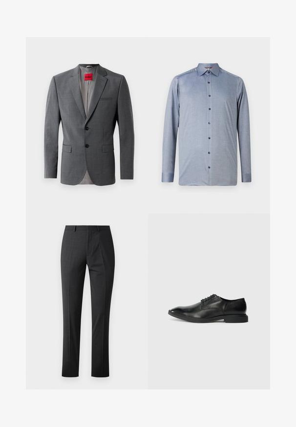 Grijze op maat gemaakte blazer met gekleurde revers, twee knopen en twee voorkruiszakken. Binnenkant gevoerd met lichtgrijze stof. Rode merklabel zichtbaar.; Lange mouwen blouse in lichtblauw, gemaakt van textiel met textuur. Kenmerken zijn een klassieke kraag en donkerblauwe knopen aan de voorkant.; Maatwerk donkergrijze broeken met een gladde textuur, slim fit, platte voorkant en standaard tailleband. Voorzien van persplooien en geen zichtbare patronen.; Zwarte leren dress shoe met een gladde textuur, spitse neus, zes veterogen vetersluiting en een lage rechthoekige hak. Subtiele merkopdruk aan de zijkant.