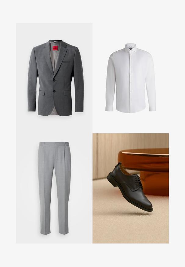 Grå skræddersyet blazer med klapkraver, to knapper og to frontlommer. Indersiden er foret med lys grå stof. Rød mærke synlig.; Hvid langærmet skjorte lavet af glat bomuld, med klassisk krave, fuld knaplukning og knapmanchetter. Minimalistisk design.; Grå skræddersyede bukser med en glat tekstur, som har en flad front, lige ben og diskrete folder for ekstra detalje.; Sort læder snørestøvle til mænd, der svæver over en beige tæppe, med et brunt rundt sofabord i baggrunden.